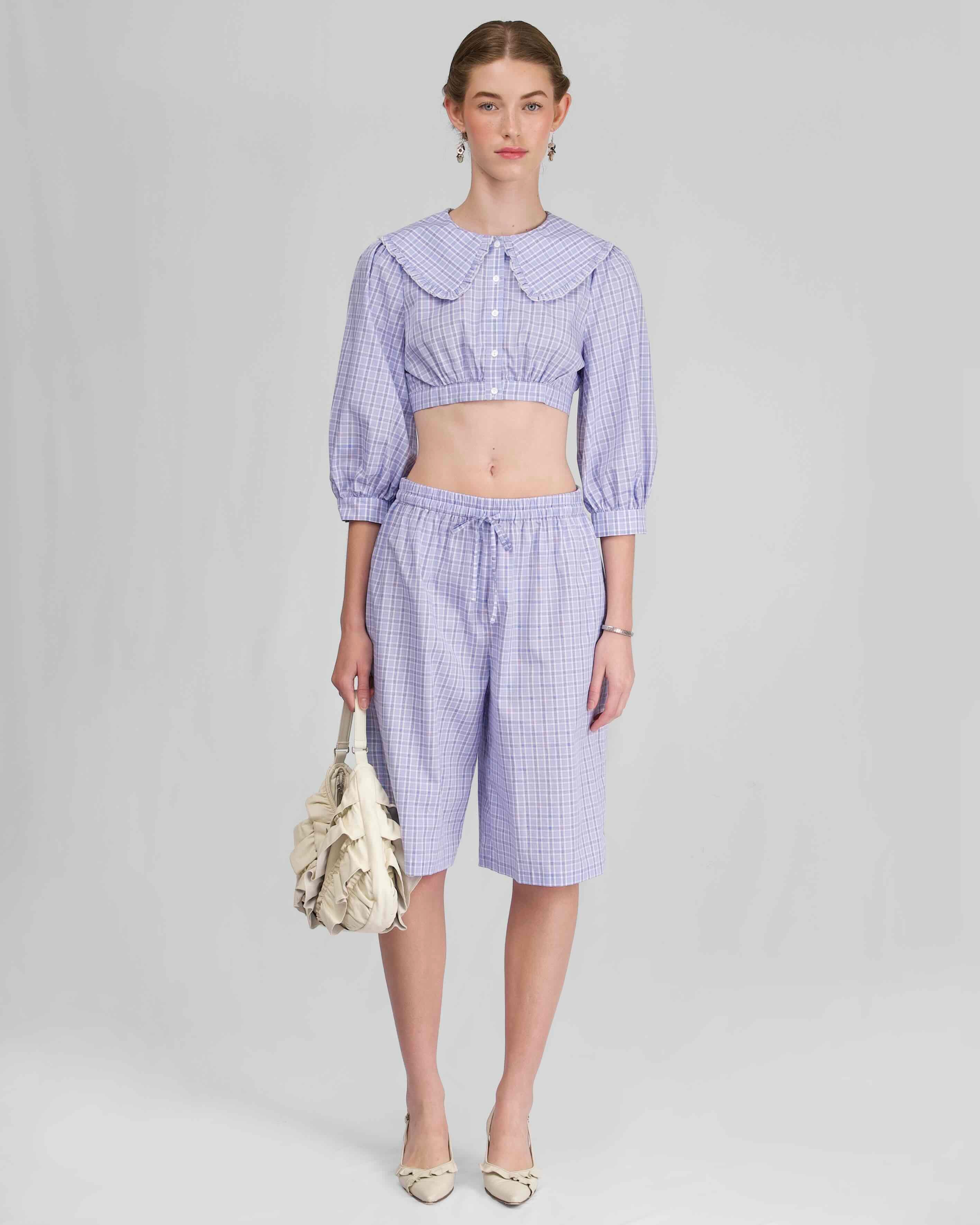 Collar Crop Blouse - Sky Blue Check - Image 3