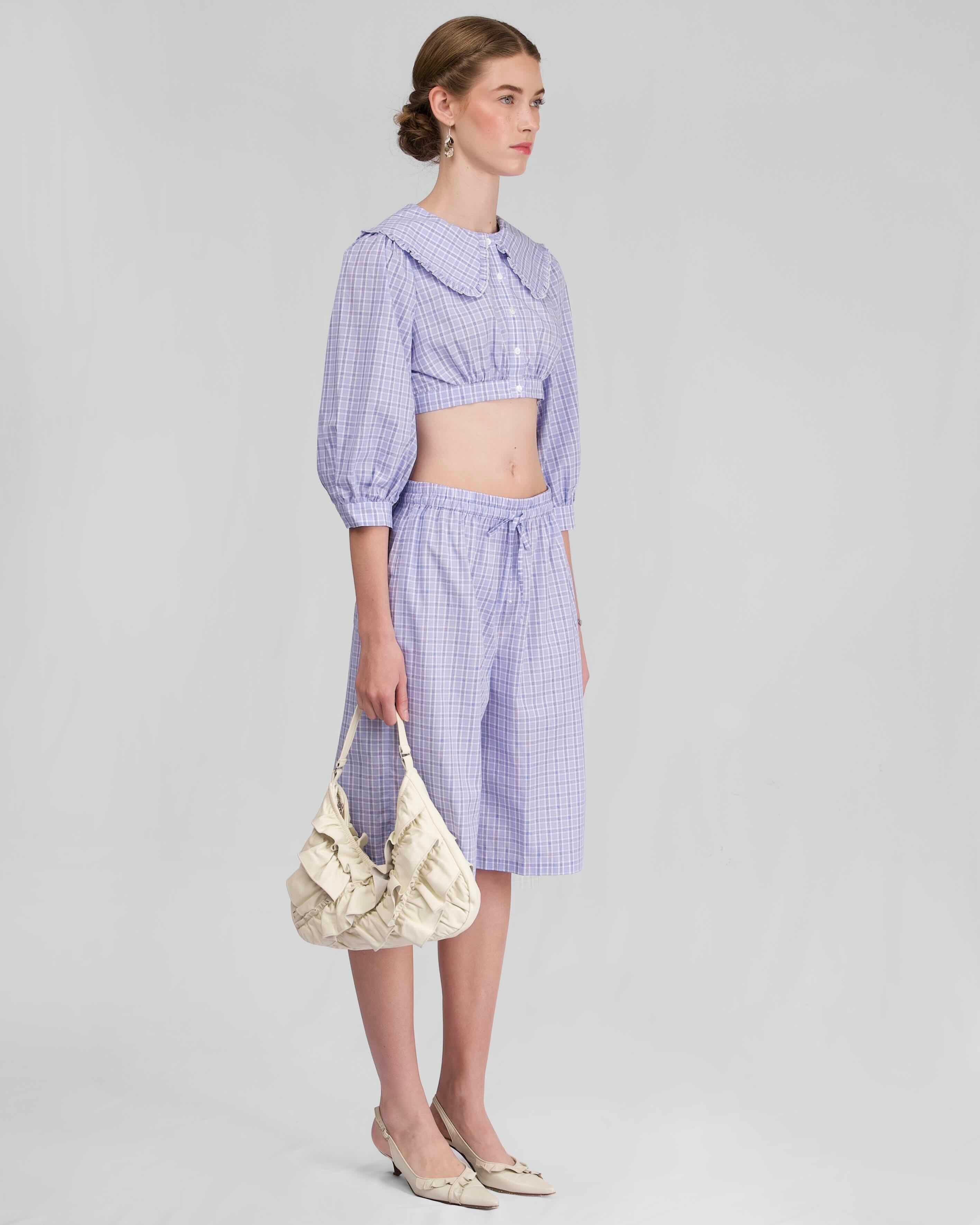 Collar Crop Blouse - Sky Blue Check - Image 4