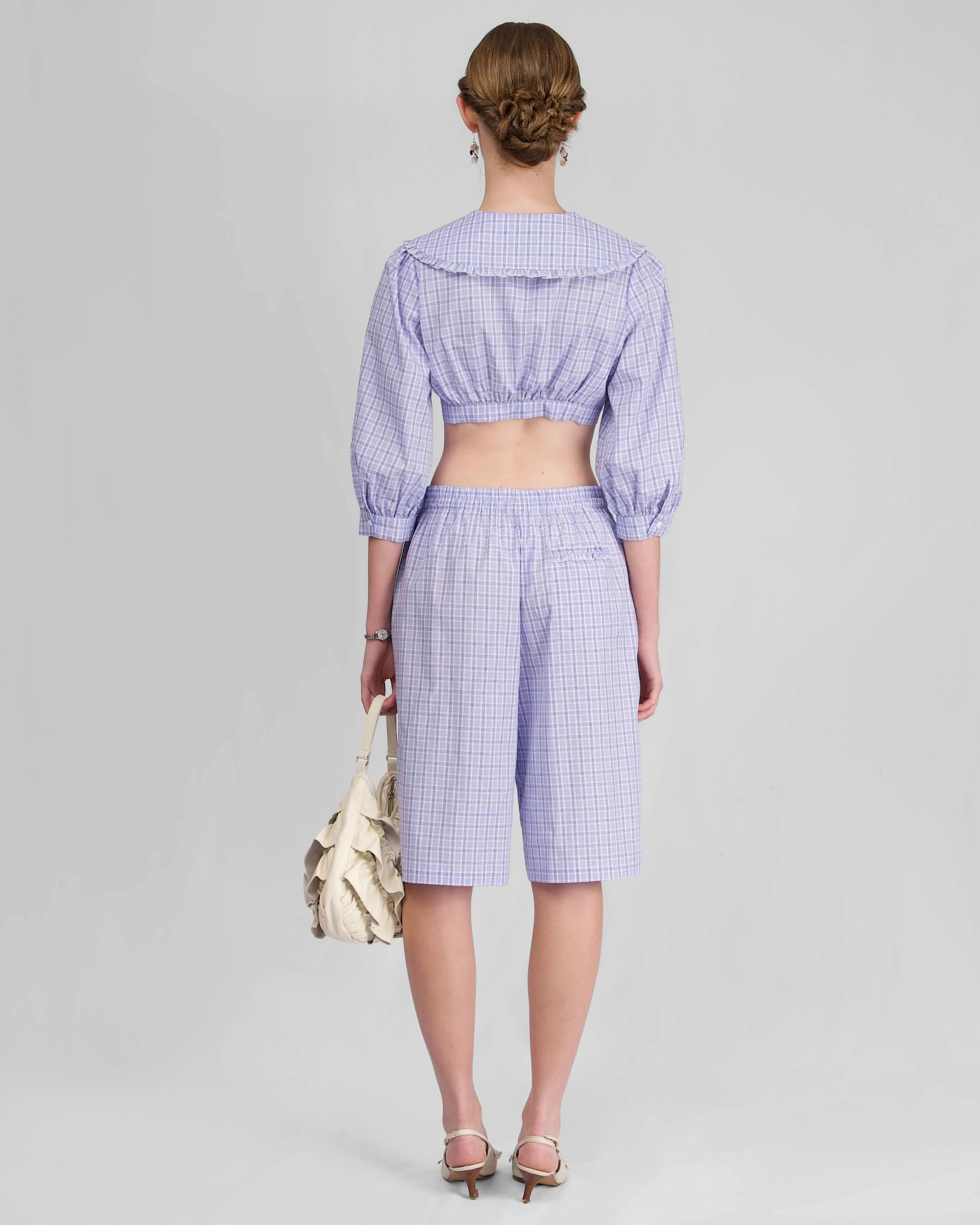 Collar Crop Blouse - Sky Blue Check - Image 5