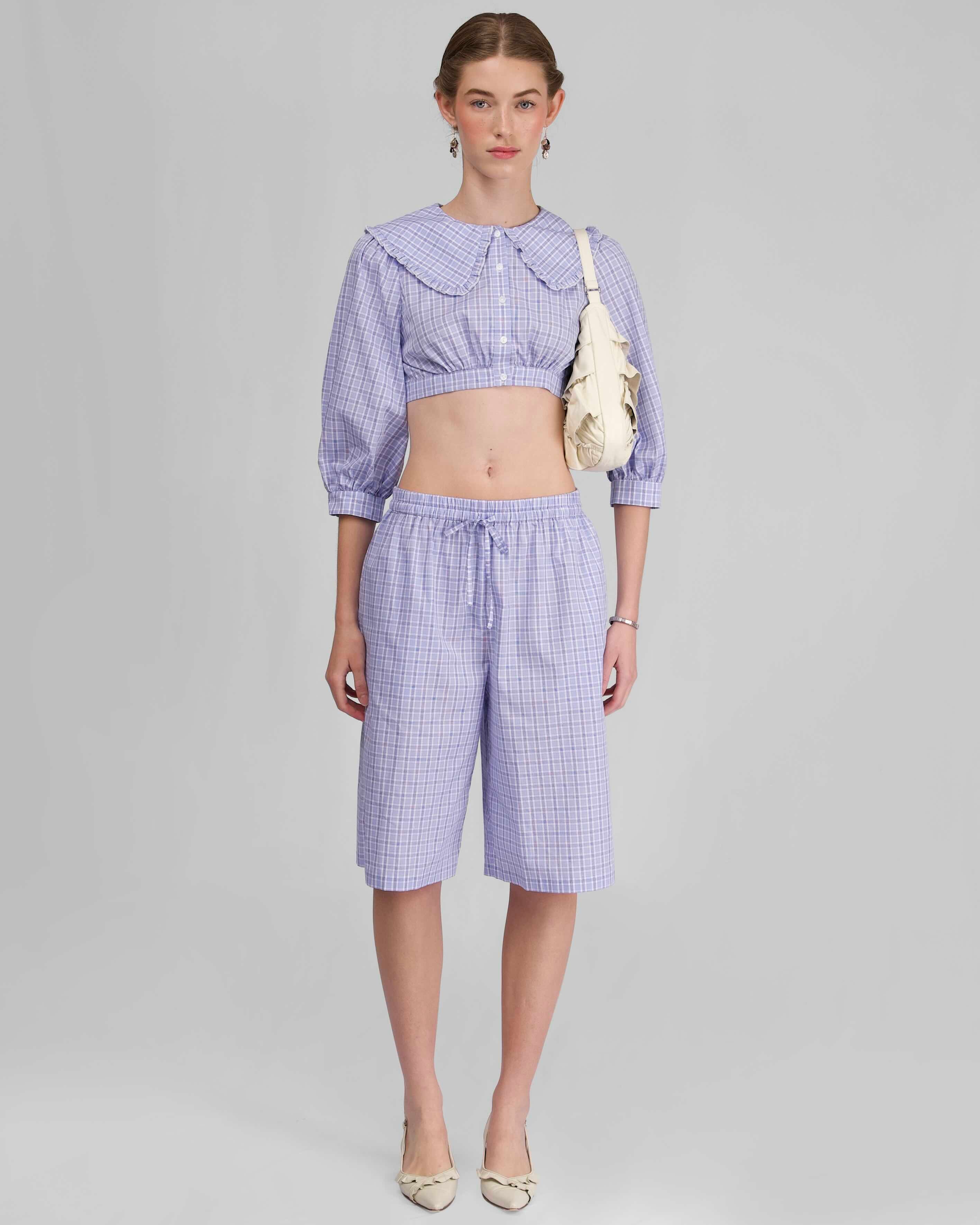 Collar Crop Blouse - Sky Blue Check - Image 6